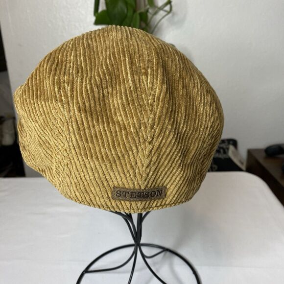 Stetson Tan Corduroy Cap Newsboy Newsie Hat Driving Cap Plaid Lined - Picture 4 of 8
